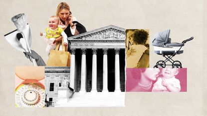 A collage showing elements of being a working mom as well as contraception and the government
