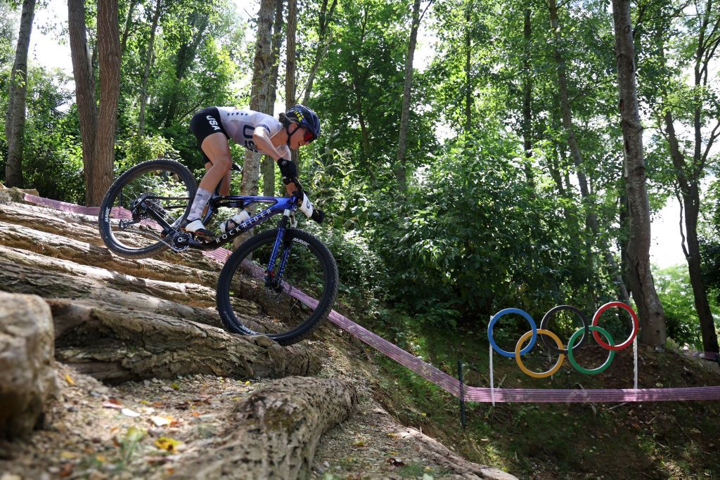 ELANCOURT FRANCE JULY 28 Savilia Blunk of Team United States competes during the Womens CrossCountry Cycling Mountain Bike Gold Medal race on day two of the Olympic Games Paris 2024 at Elancourt Hill on July 28 2024 in Elancourt France Photo by Jared C TiltonGetty Images