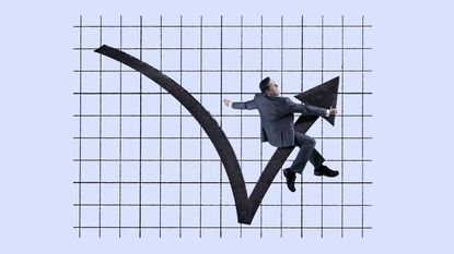 Humorous concept art of a businessman sitting on a rebounding stock price arrow