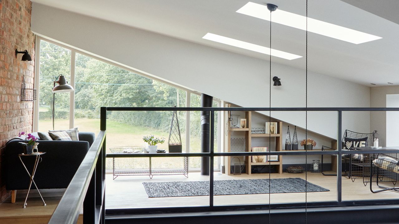 Mezzanine living area with industrial bannisters