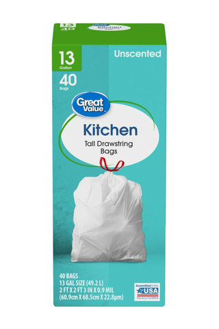 Great Value 13-Gallon Drawstring Tall Kitchen Trash Bags, Unscented, 40 Bags