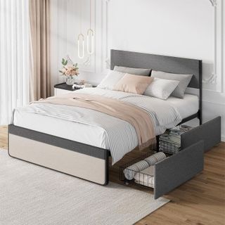 grey upholstered bed with pull out storage drawers