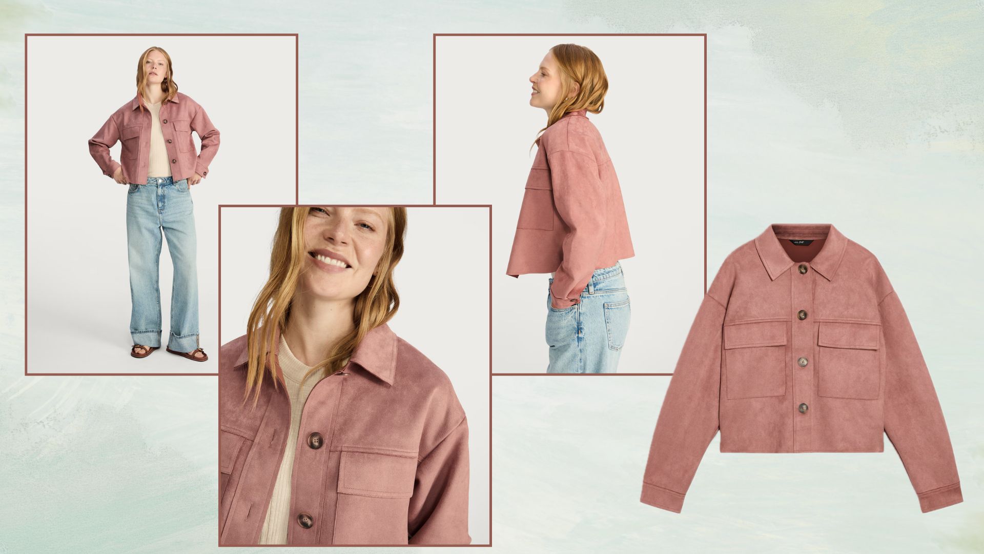 a composite of model shots of a model wearing a pink f&F faux suede jacket