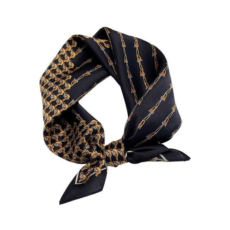 100% Silk Small Scarf Women Vintage Black Chain Kerchief Neckerchief 53*53cm