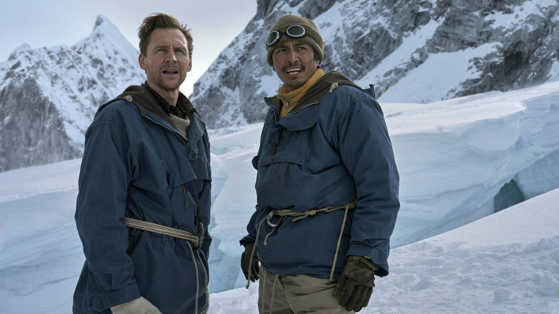 Tom Hiddleston as Edmund Hillary and Genden Phuntsok as Tenzing Norgay in Tenzing
