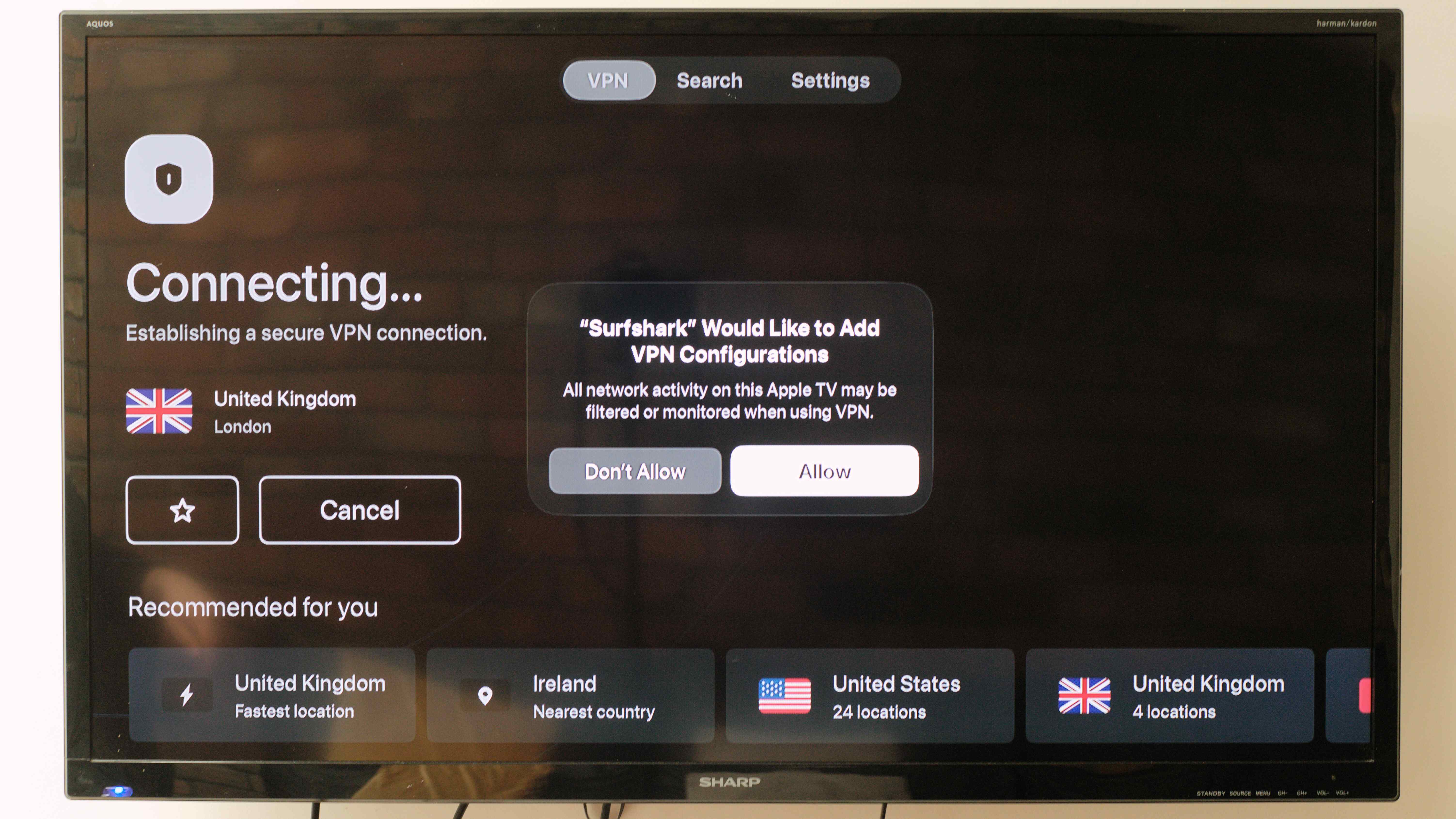 Surfshark app running on an Apple TV