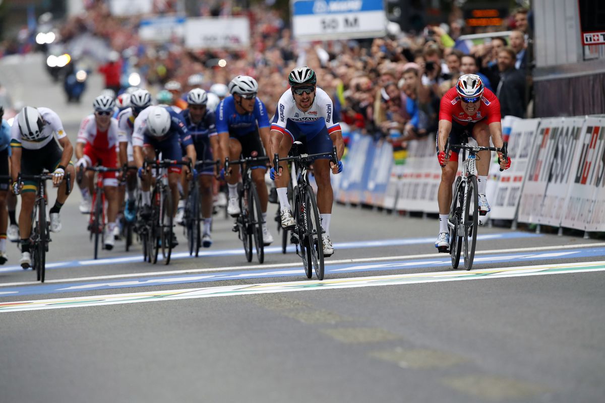 Peter Sagan (Slovakia) out-sprints Alexander Kristoff (Norway) to win his third straight world title