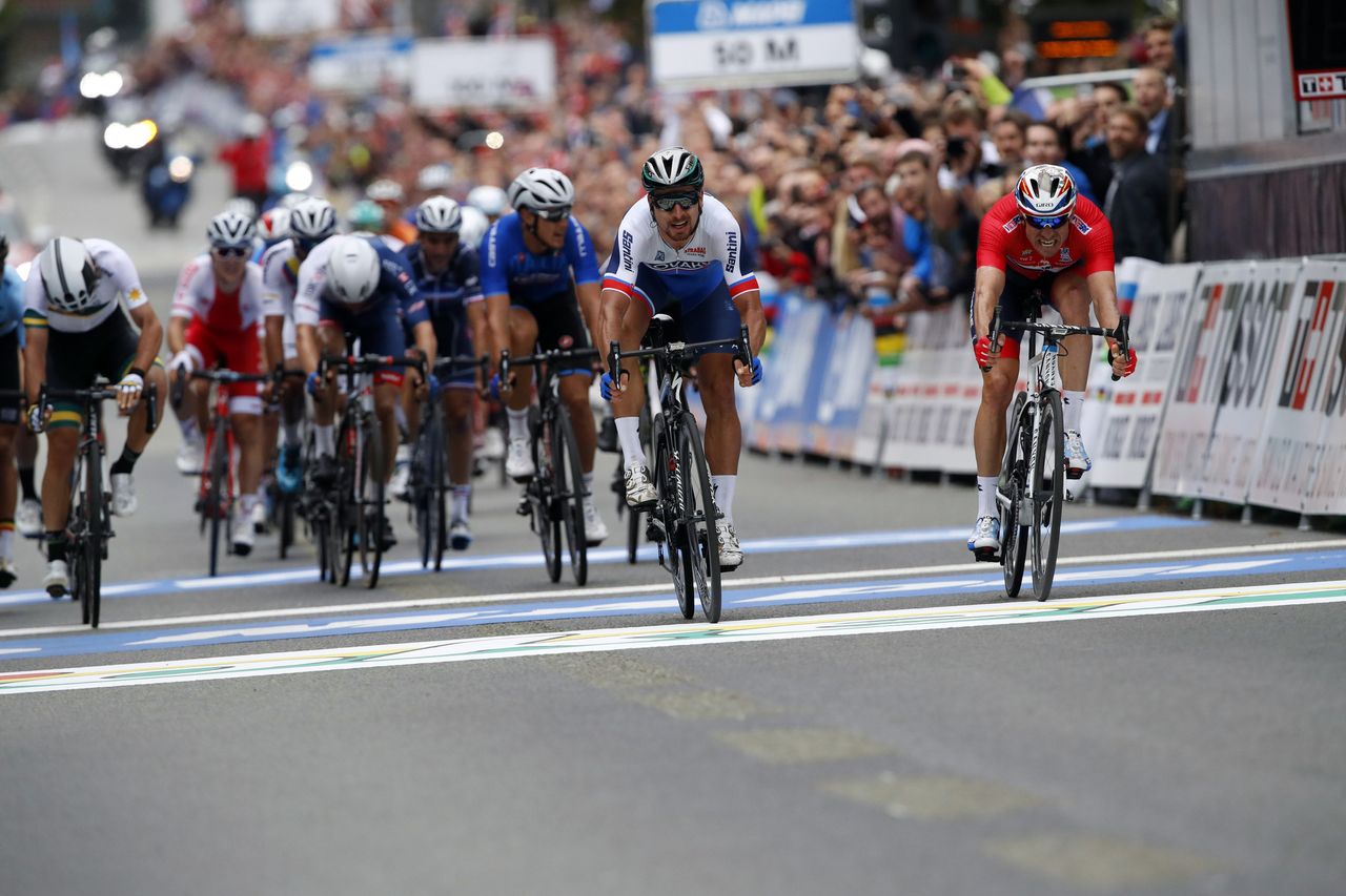 Peter Sagan (Slovakia) out-sprints Alexander Kristoff (Norway) to win his third straight world title