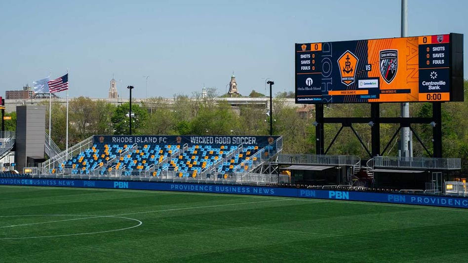 One of six new displays featuring soccer stats and scores at Rhode Island&#039;s new stadium. 