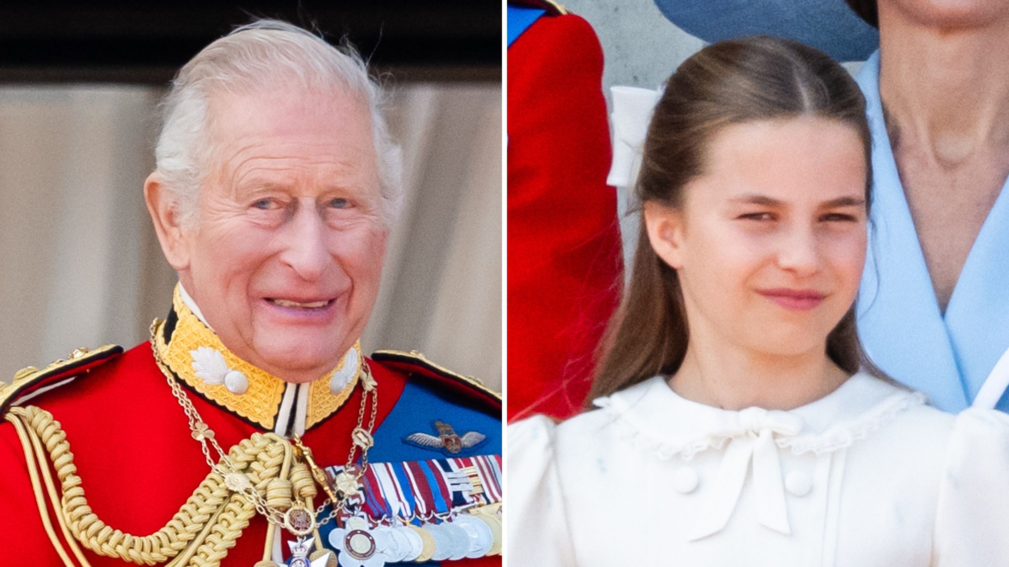 A composite of a picture of King Charles and a picture of Princess Charlotte at Trooping the Colour 2026
