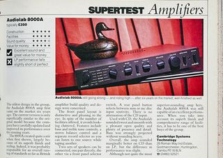 A page from What Hi-Fi? magazine showing the Audiolab 8000A review from the 1980s