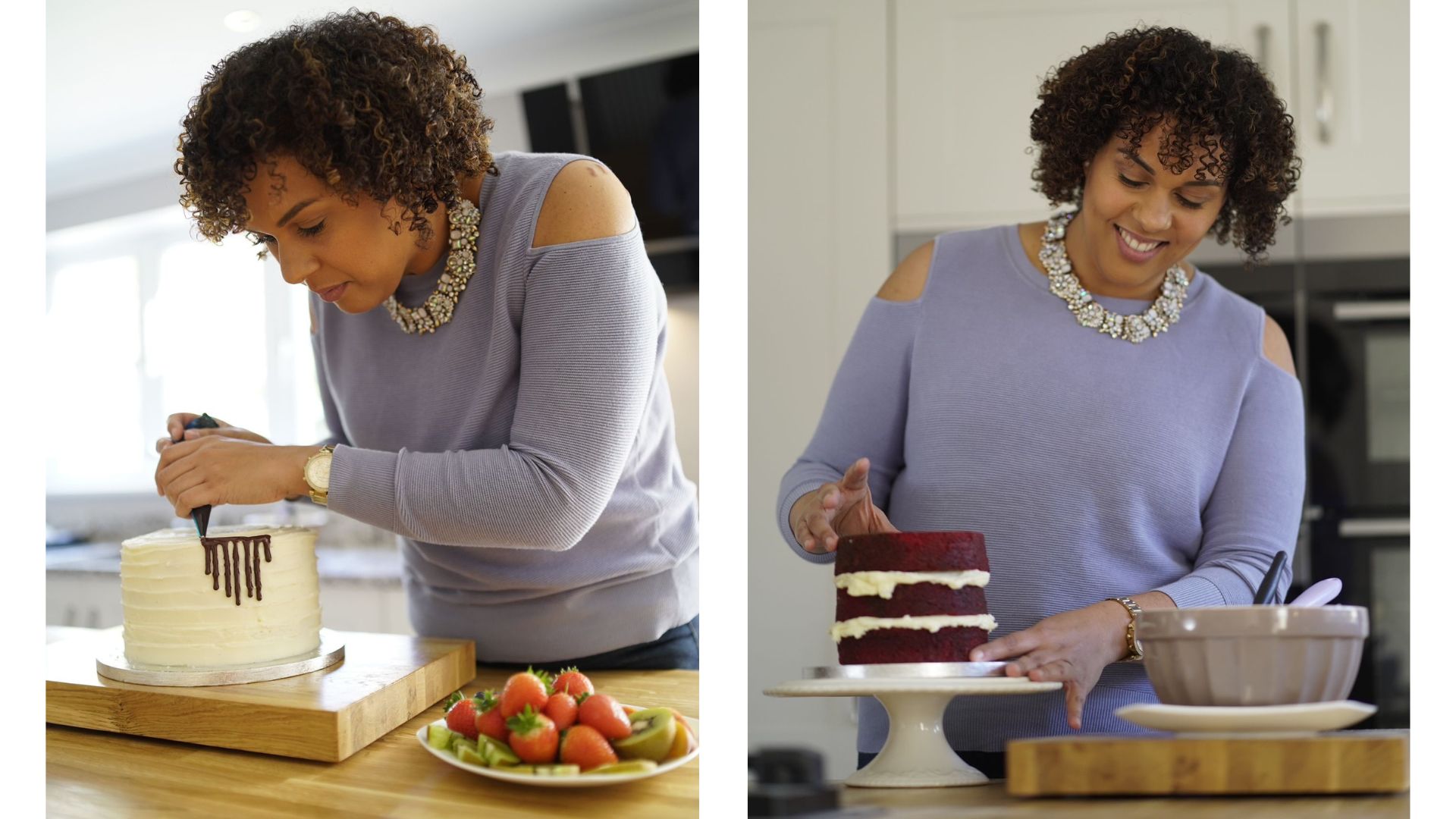 insurance worker turned baker Charlotte Cooper decorating red velvet cake