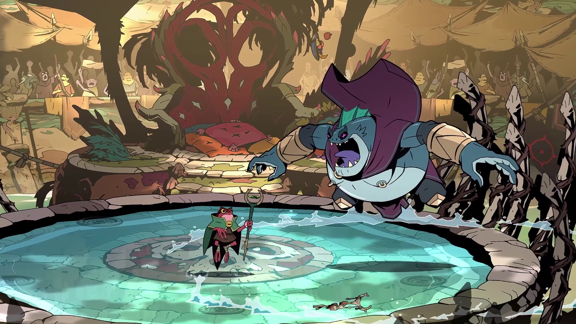 a frog warrior standing unbothered as a large thing growls and jumps at it