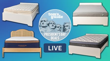 A collage of mattresses against a colorful background, clockwise: The Saatva Classic mattress, Siena mattress, Helix Midnight Luxe mattress, and Brooklyn Bedding CopperFlex Pro Hybrid mattress. In the center is a Tom's Guide Presidents' Day deal badge, with a LIVE badge beneath