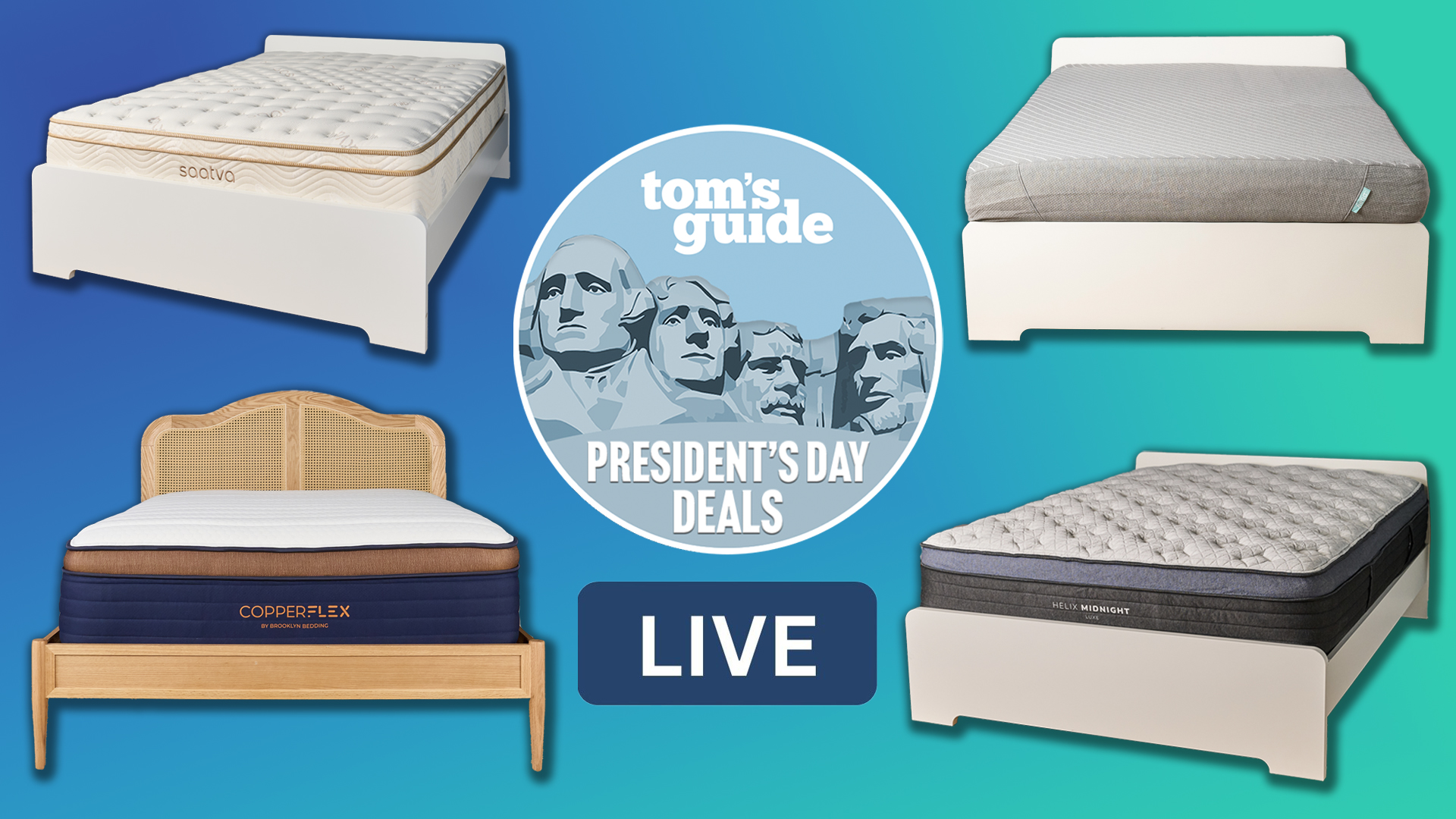 A collage of mattresses against a colorful background, clockwise: The Saatva Classic mattress, Siena mattress, Helix Midnight Luxe mattress, and Brooklyn Bedding CopperFlex Pro Hybrid mattress. In the center is a Tom's Guide Presidents' Day deal badge, with a LIVE badge beneath