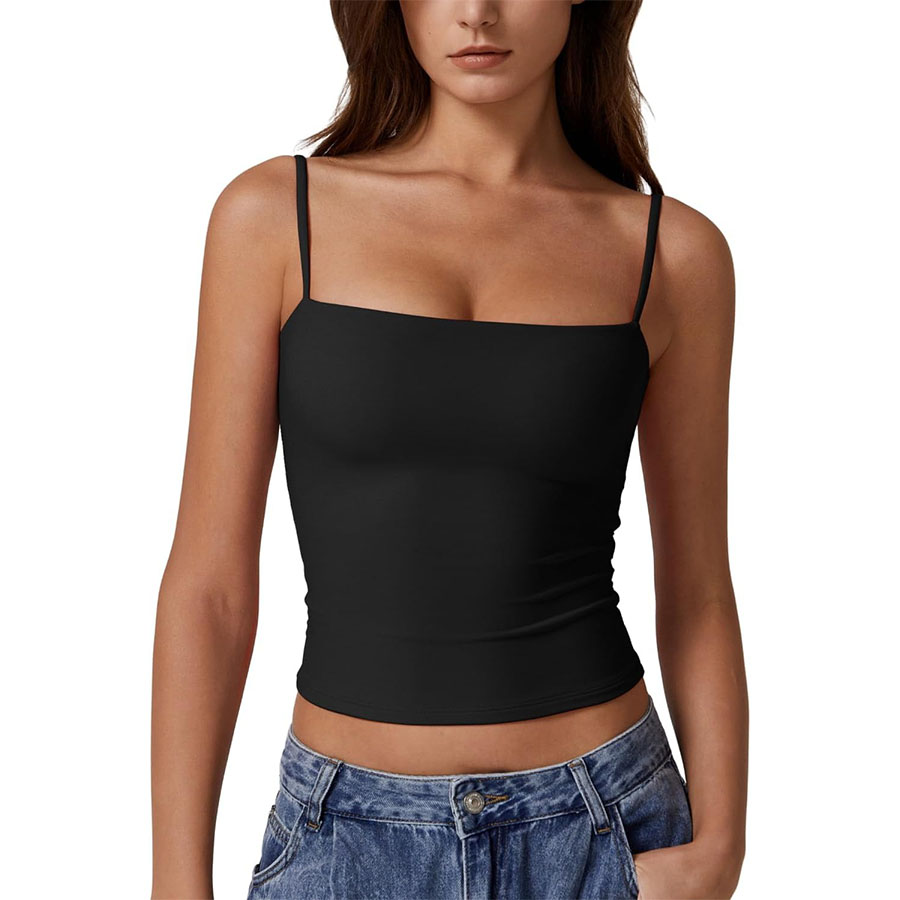 Qinsen Basic Cami Tank Top for Women Spaghetti Straps Sleeveless Double Lined Fashion T Shirt Tops Black L