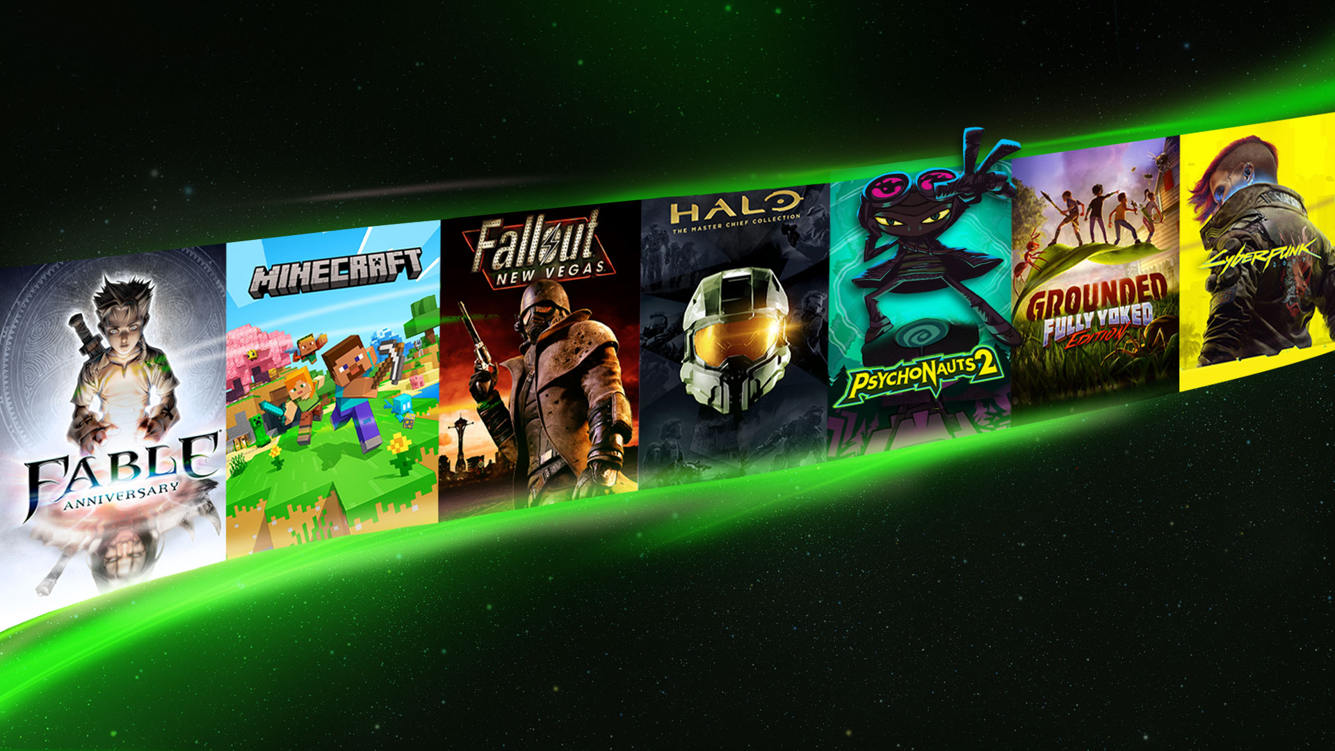 A curved row of video game covers including Fable, Minecraft, Fallout, Halo, Psychonauts 2, Grounded, and Cyberpunk against a dark green background.