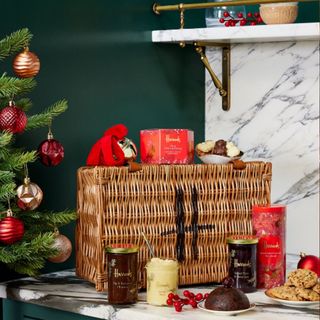 Harrods luxury christmas basket, wicker hamper with christmas food and drink