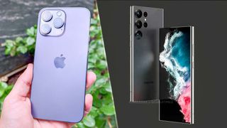 A split image of the iPhone 14 Pro Max, and an unofficial render of the Samsung Galaxy S23 Ultra