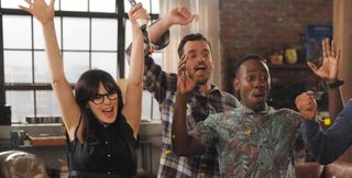 Zooey Deschanel, Jake Johnson and Lamorne Morris as Jess, Nick and Winston in New Girl