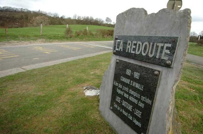 A plaque marks the decisive climb of Liege-Bastogne-Liege, La Redoute