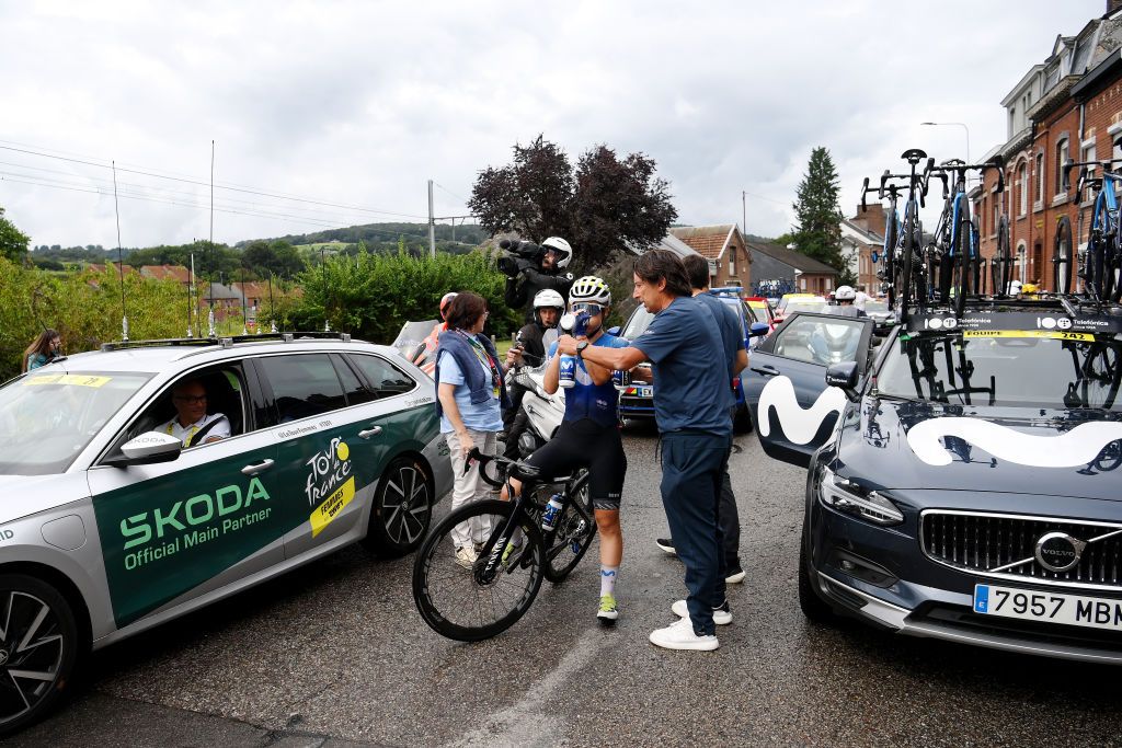 LIEGE BELGIUM AUGUST 14 Sara Martin of Spain and Movistar Team in the breakaway stopped due to a train crossing during the 3rd Tour de France Femmes 2024 Stage 4 a 1227km stage from Valkenburg to Liege UCIWWT on August 14 2024 in Liege Belgium Photo by Alex BroadwayGetty Images
