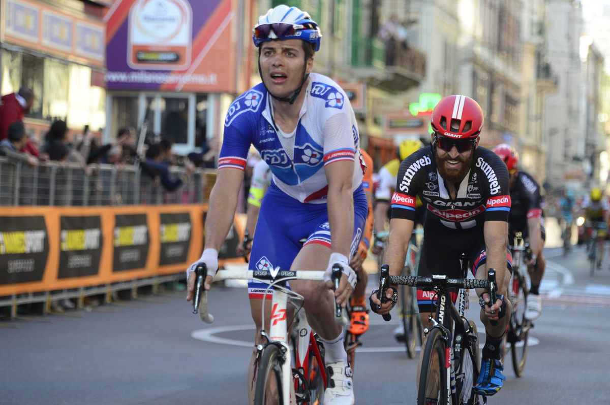 Arthur Vichot crosses the lines having helped teammate Arnaud D&eacute;mare to the win