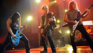 (from left) Rob Trujillo, James Hetfield and Kirk Hammett of Metallica perform onstage at the 7th Annual Los Premios MTV Latin America 2008 Awards at the Auditorio Telmex on October 16, 2008 in Guadalajara, Mexico