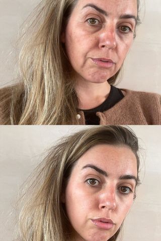 Shannon Lawlor after applying the TIkTok Age Filter, with wrinkles and sagging, and without the TikTok Age filter in an image underneath