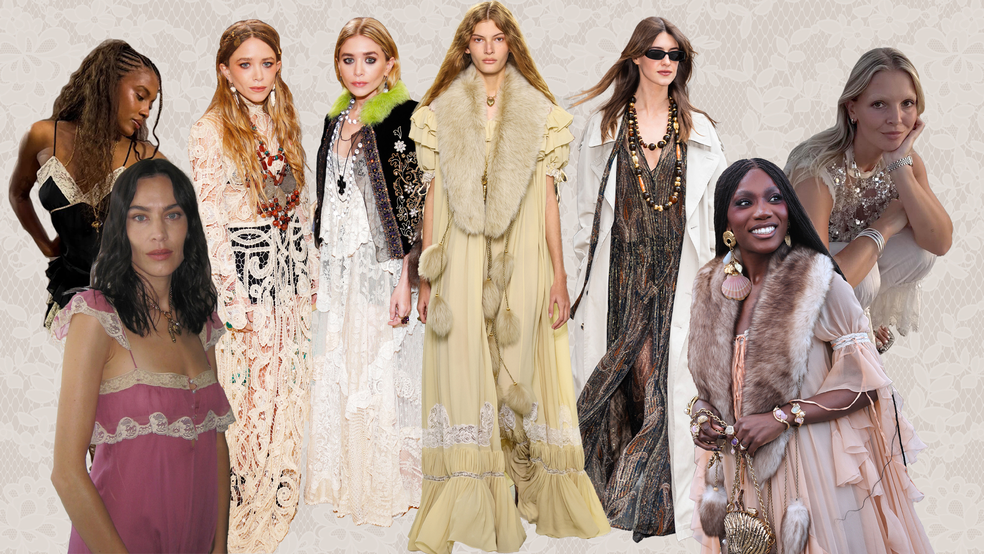 A collage of the biggest bohemian fashion trends of 2026. 