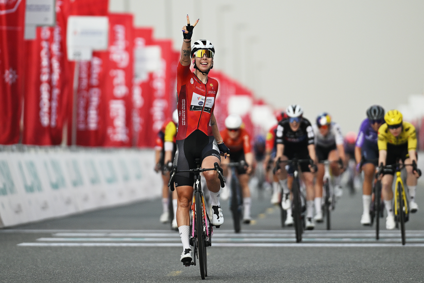 DUBAI, UNITED ARAB EMIRATES - FEBRUARY 06: Lorena Wiebes of Netherlands and Team SD Worx - Protime - Red Leader Jersey celebrates at finish line as stage winner during the 4th UAE Tour Women 2026, Stage 2 a 145km stage from Dubai Police Academy to Hamdan Bin Mohamed Smart University on February 06, 2026 in Dubai, United Arab Emirates. (Photo by Tim de Waele/Getty Images)