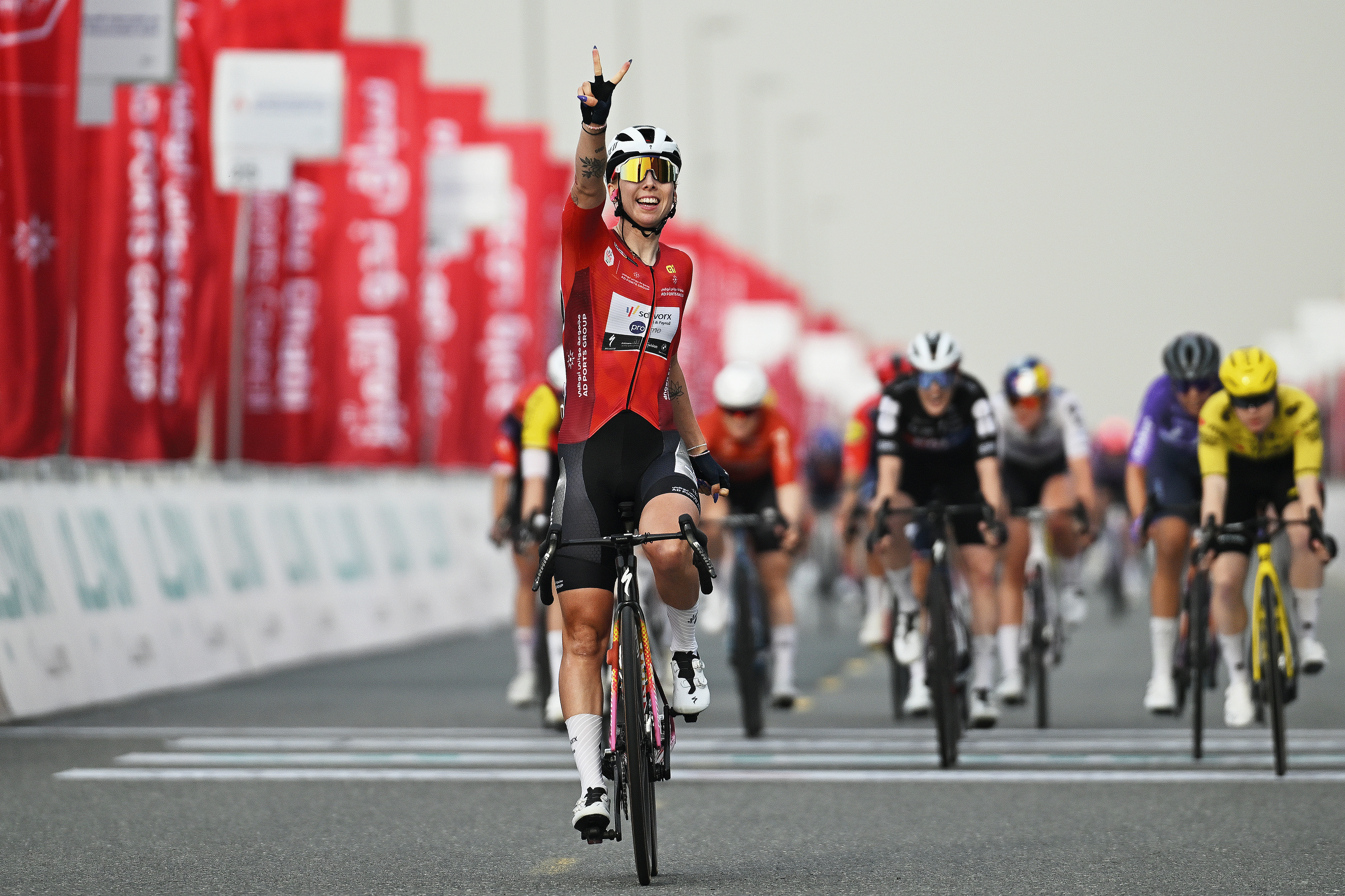 DUBAI, UNITED ARAB EMIRATES - FEBRUARY 06: Lorena Wiebes of Netherlands and Team SD Worx - Protime - Red Leader Jersey celebrates at finish line as stage winner during the 4th UAE Tour Women 2026, Stage 2 a 145km stage from Dubai Police Academy to Hamdan Bin Mohamed Smart University on February 06, 2026 in Dubai, United Arab Emirates. (Photo by Tim de Waele/Getty Images)