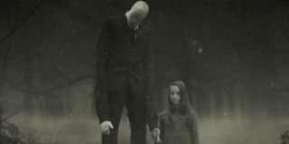 A depiction of the slenderman and a little girl in Beware the Slenderman