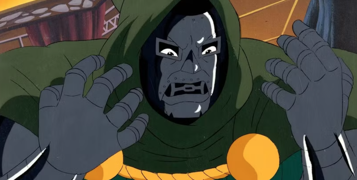 a metal-masked villain in a green cloak