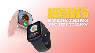 Apple Watch Series 9 in Pink and Midnight with red background and yellow text