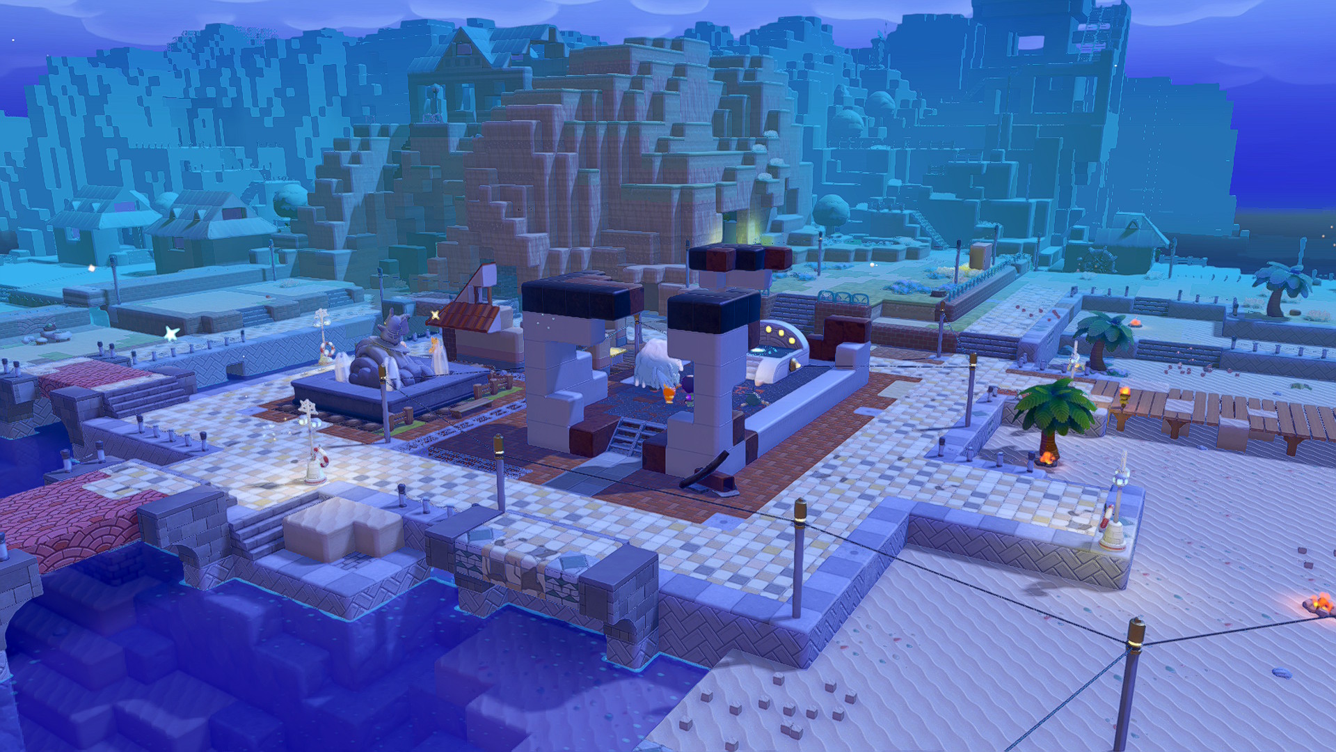 Pokemon Pokopia gameplay showing the ruins of a building in blue light