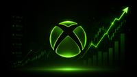 Xbox logo glowing bright green against a dark background, with rising stock charts, market data, and an upward trend line highlighting growth and positive momentum.