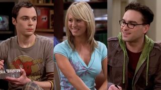 Sheldon, Penny, and Leonard having their first dinner together in the pilot episode.