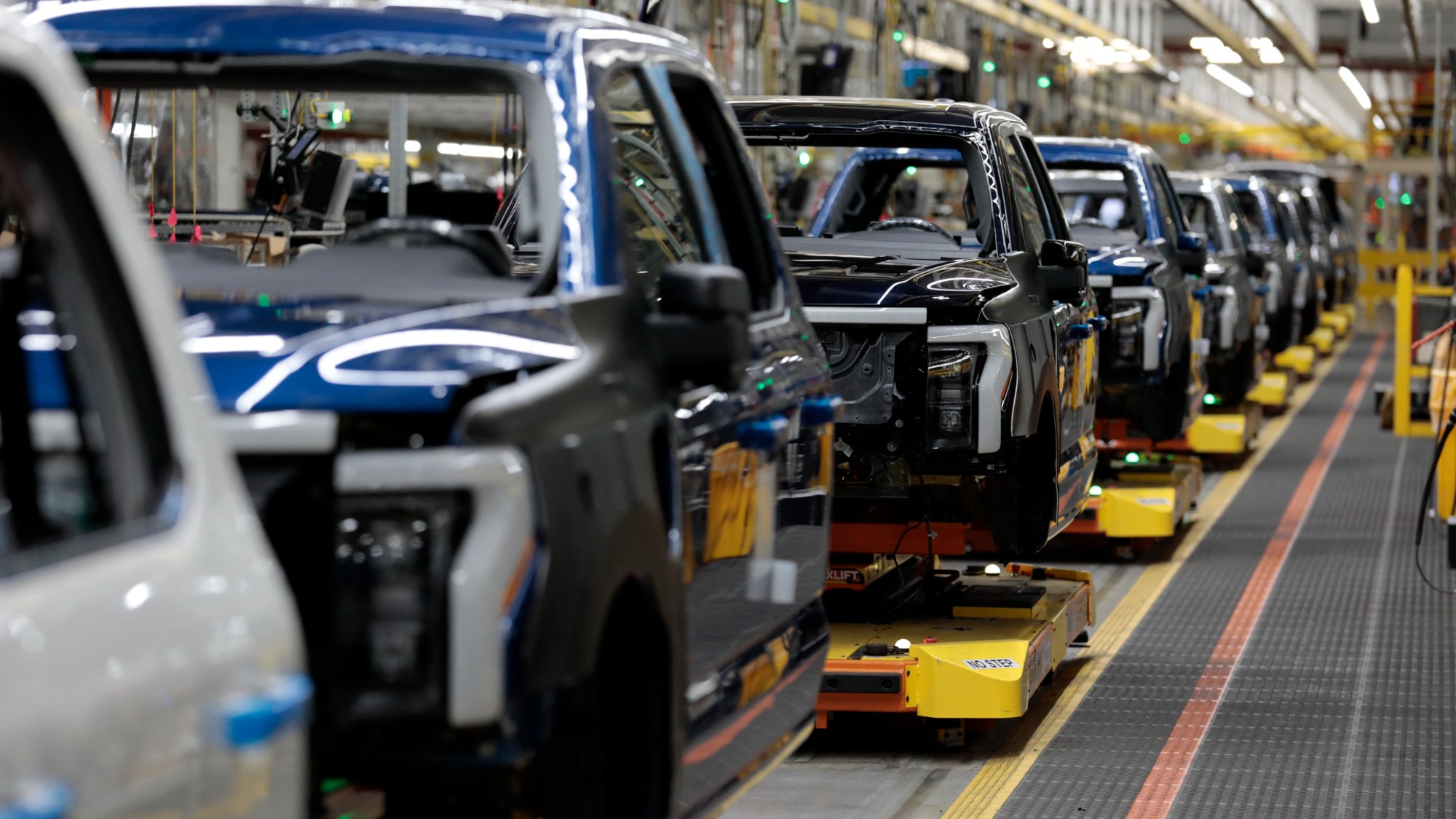 Ford's electric F-150 Lightning on the production line at the Rouge Electric Vehicle Center in Dearborn, Michigan in 2022