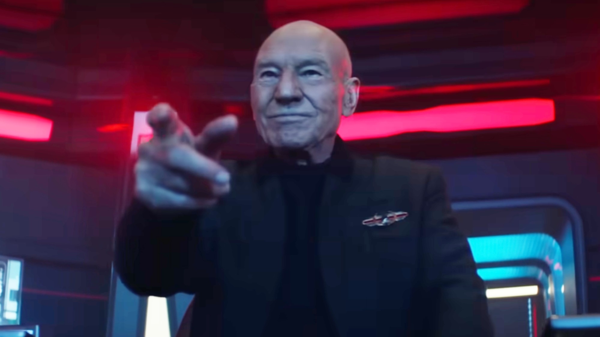 Jean-Luc Picard pointing ahead to "Engage" on Picard Season 3