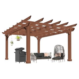 Yardenaler 10x12 Ft Wooden Pergola, Cedar Wood Gazebo With Flat Roof, Outdoor Garden Shelter With Stakes Included, Patio, Deck, Backyard, Lawn