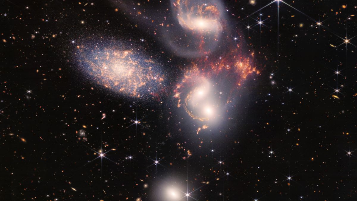 An image of Stephan&#039;s Quintet taken by the James Webb Space Telescope.