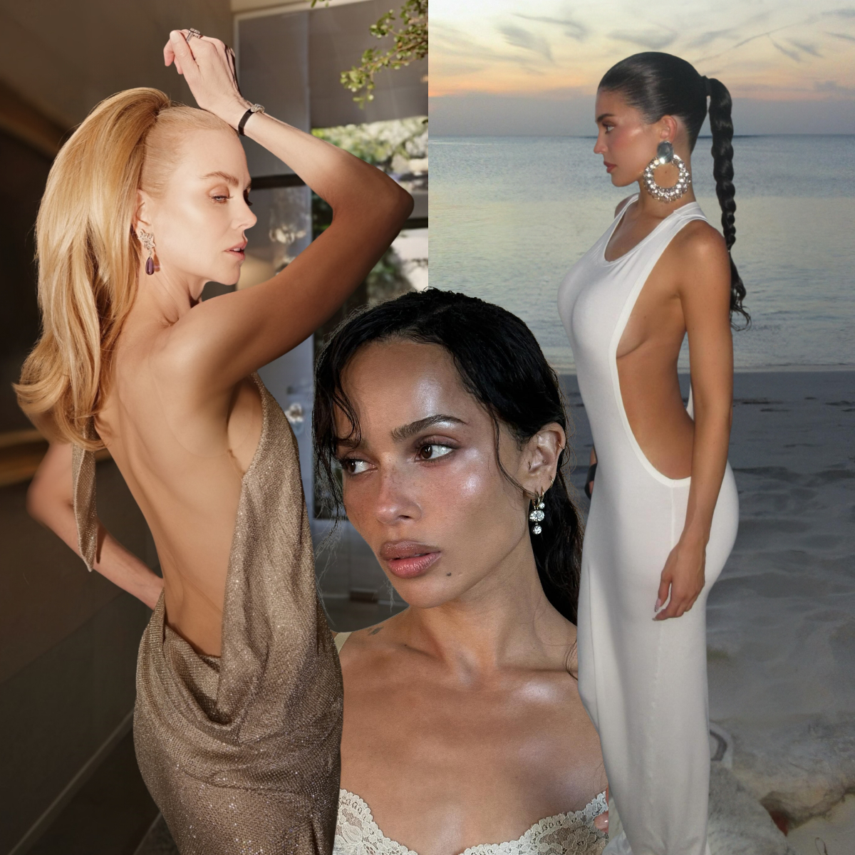 three women including nicole kidman, zoe kravitz, and kylie jenner each wearing a different ponytail hairstyle