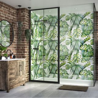 bathroom with leaves wall and shower