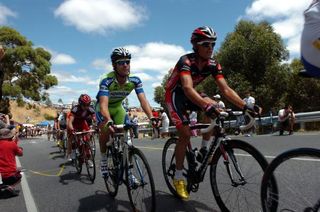 Eventual stage winner Luis Leon Sanchez climbs with the peloton on the first ascent of Willunga