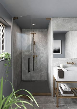 a bathroom clad in shower panels