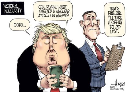 Political cartoon U.S. Donald Trump Michael Flynn twitter