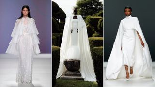 three models wearing wedding capes to illustrate the wedding dress trends 2023
