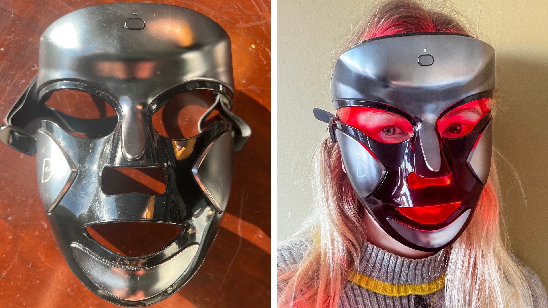 On the left, an image of the Dr Dennis Gross DRx SpectraLite FaceWare LED mask off and, on the right, Fiona McKim wearing the Dr Dennis Gross DRx SpectraLite FaceWare LED Mask