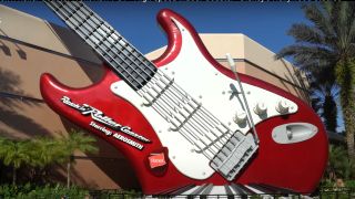 The Rock-n-Roller Coaster starring Aerosmith signage outside of the ride building.